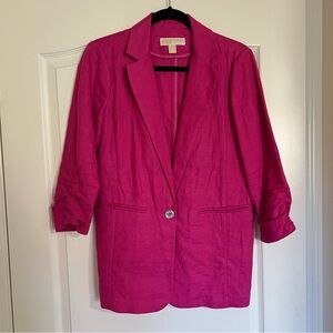 Michael Kors Hot Pink Linen Blazer with Button & Ruched Sleeves (Women Size 6)
